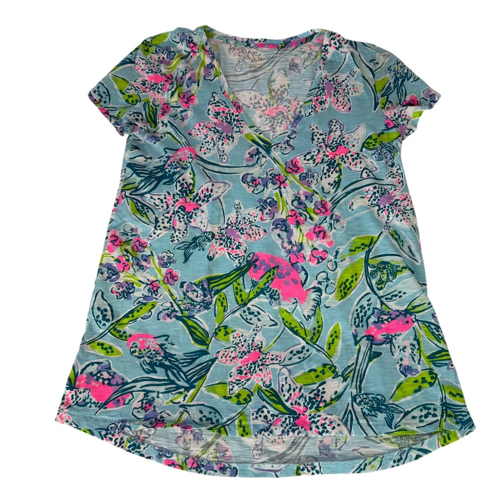 Lilly Pulitzer Etta V-Neck T Shirt Blue Pink Floral Sway this Way Cotton Top